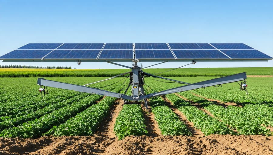 Solar-powered irrigation system operating in a green agricultural field