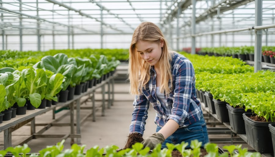 Young researcher monitoring experimental crop growth and taking measurements in a modern greenhouse