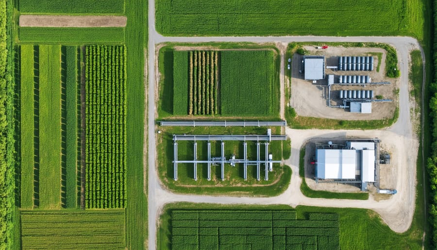 Aerial view of an Alberta farm with integrated bioenergy systems