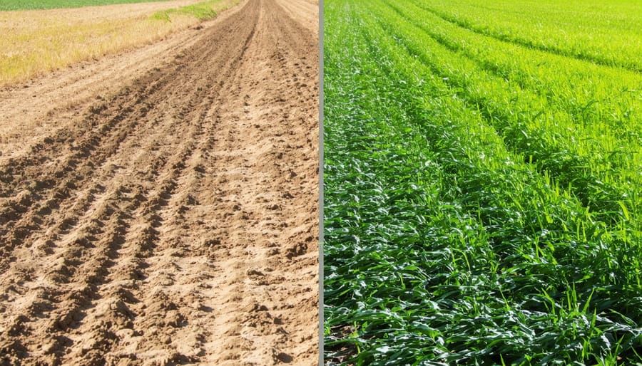 Side-by-side comparison showing the difference between tilled and no-till farming practices