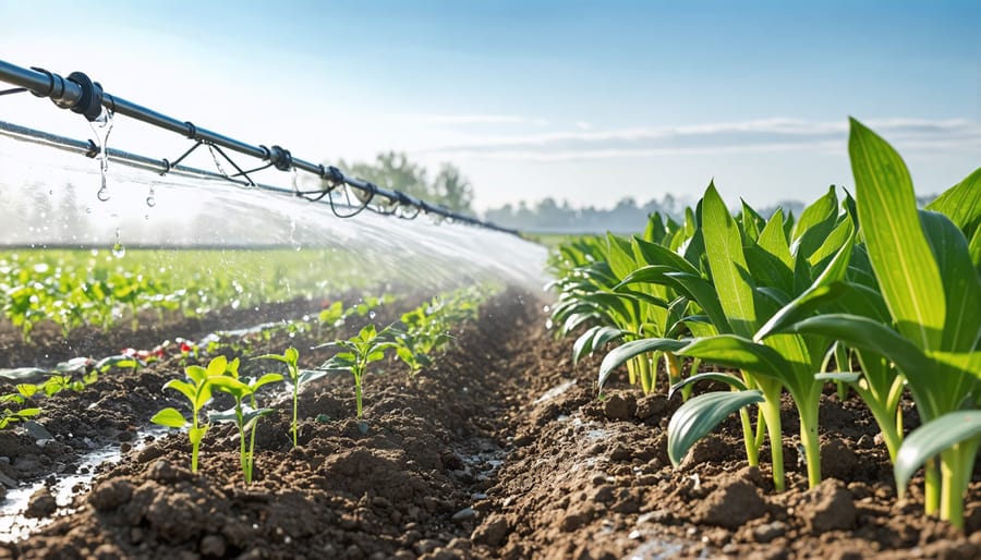 Close-up of water-efficient drip irrigation system operating in a crop field during sunset