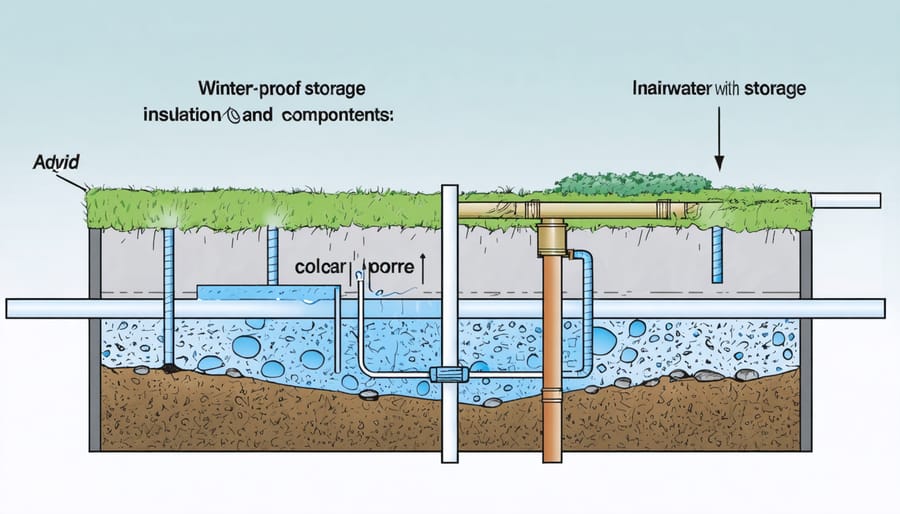 Cross-section diagram of a cold-weather rainwater storage system