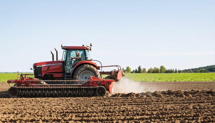 Farmer operating machinery to apply zeolite amendment to a large agricultural field