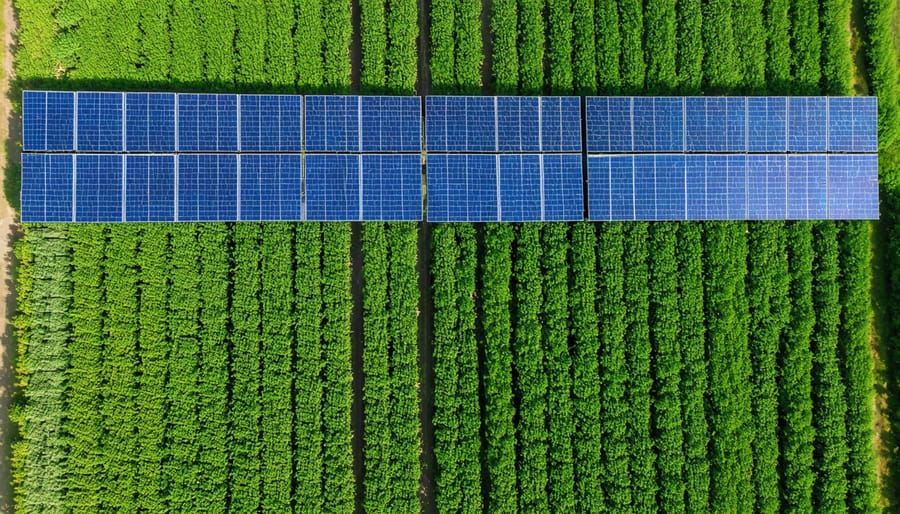 Solar panels arranged in rows with wheat crops growing between them on an Alberta farm