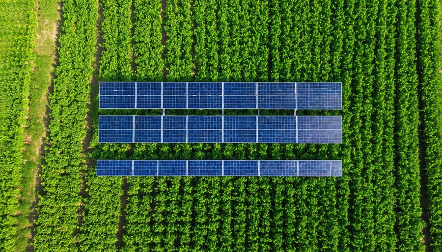 Overhead drone shot of solar panels mounted above agricultural fields with growing crops beneath