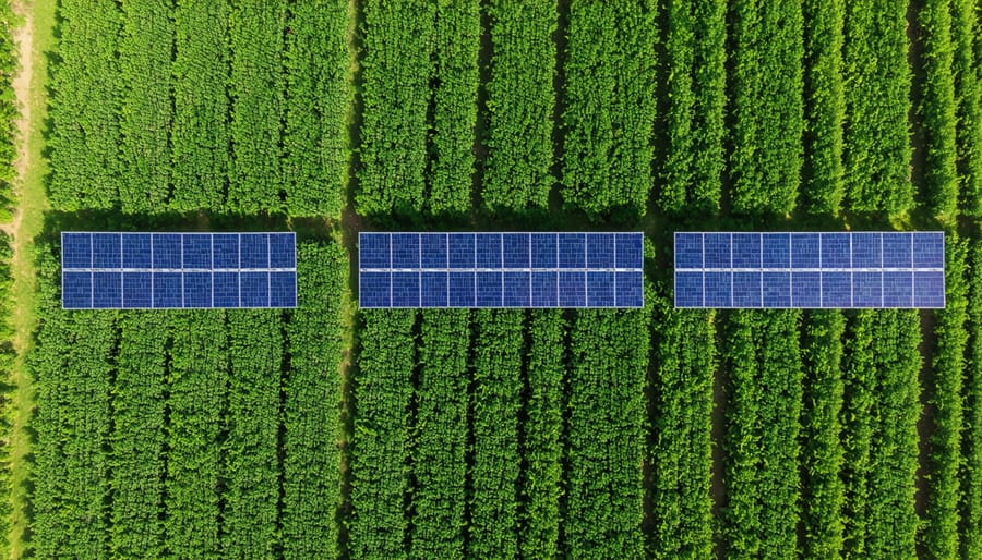 Aerial photograph of solar panels installed above agricultural crops in an Alberta farm field