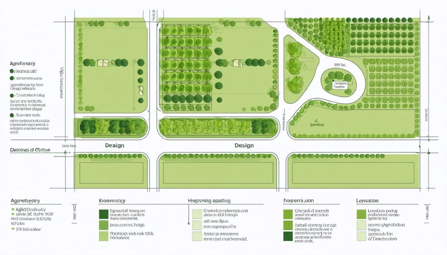 Schematic drawing showing optimal tree spacing and crop integration patterns for Alberta climate