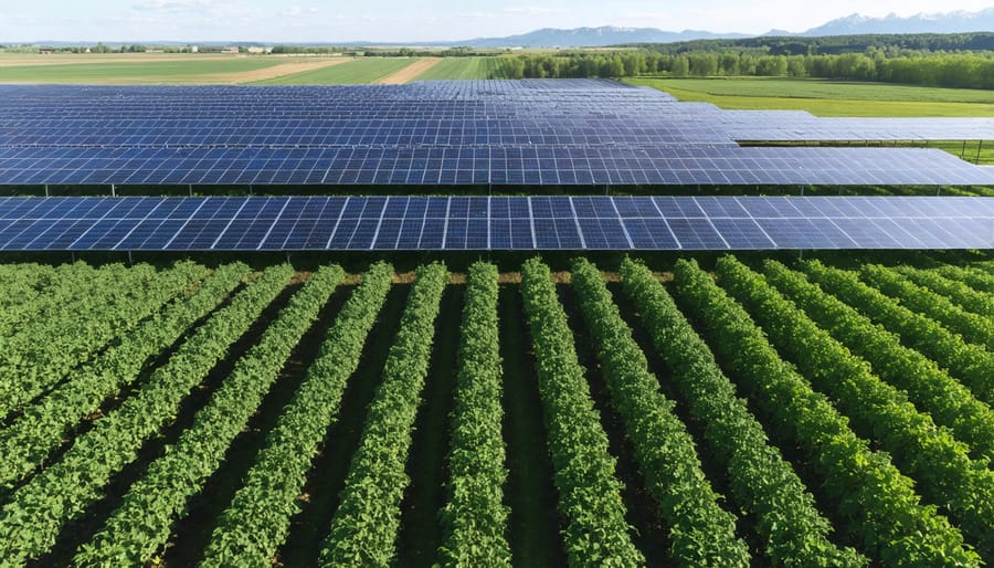 Aerial photograph of solar panels integrated with agricultural fields in Alberta