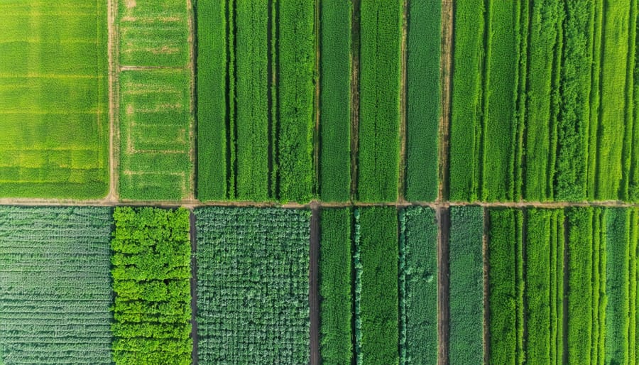 Bird's eye view of a sustainable farm in Alberta showcasing integrated agroecological practices