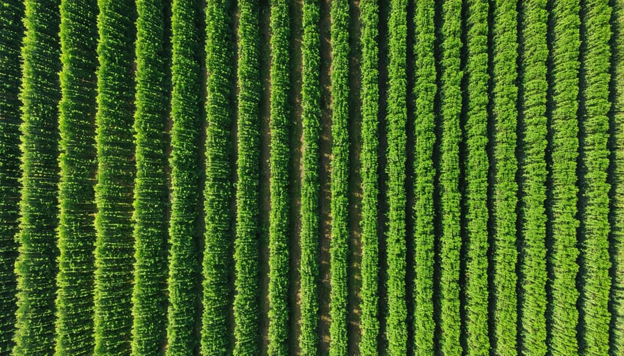 Bird's eye view of an Alberta farm implementing alley cropping with rows of trees intersecting agricultural fields