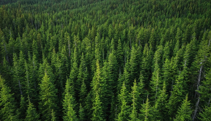 Vast expanse of boreal forest with mixture of spruce and pine trees from above