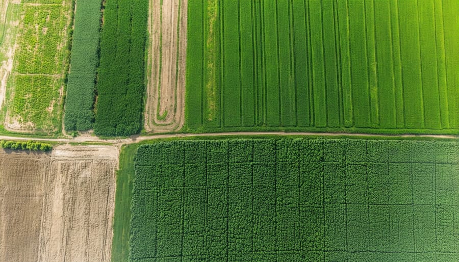 Bird's eye view of agricultural fields implementing carbon farming practices in Alberta