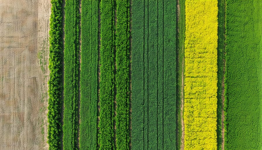 Drone view of Alberta farmland showing multiple crop varieties in rotation pattern