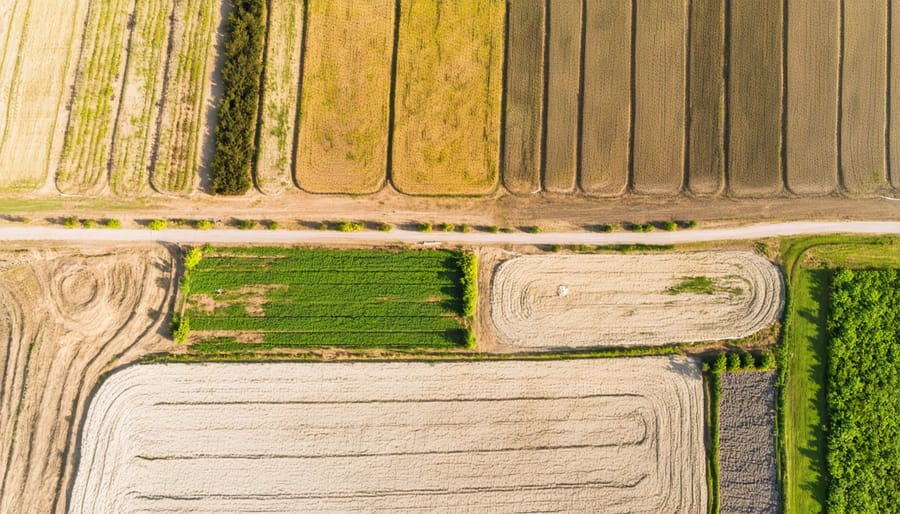 Bird's eye view of Alberta farm fields with visible irrigation circles and dry climate farming patterns