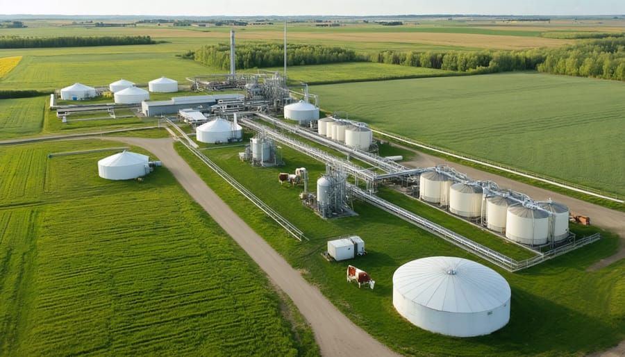 Overhead drone photo of operational farm biogas installation