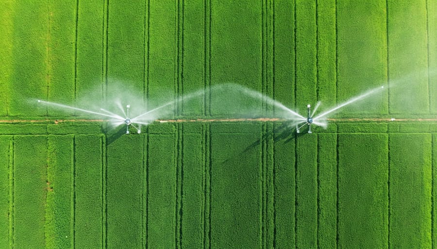 Bird's eye view of circular irrigation pattern in Alberta agricultural field