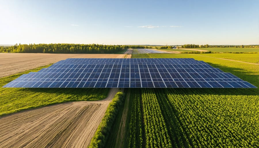 Bird's eye view of solar panels integrated into an Alberta farm landscape