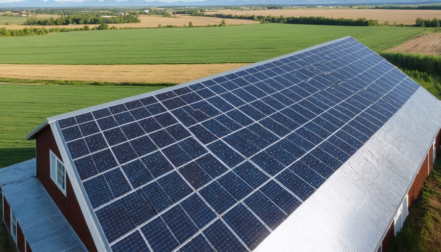 Solar panel array mounted on agricultural barn roof with canola fields visible in background