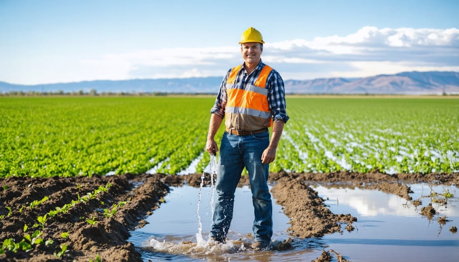 Alberta farmer explaining water conservation methods in a flourishing field