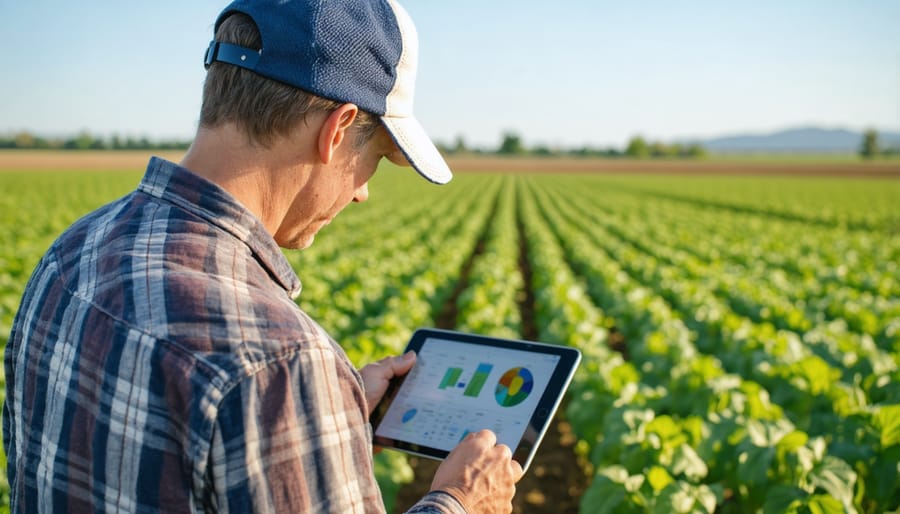 Farmer using tablet to monitor irrigation systems in wheat field