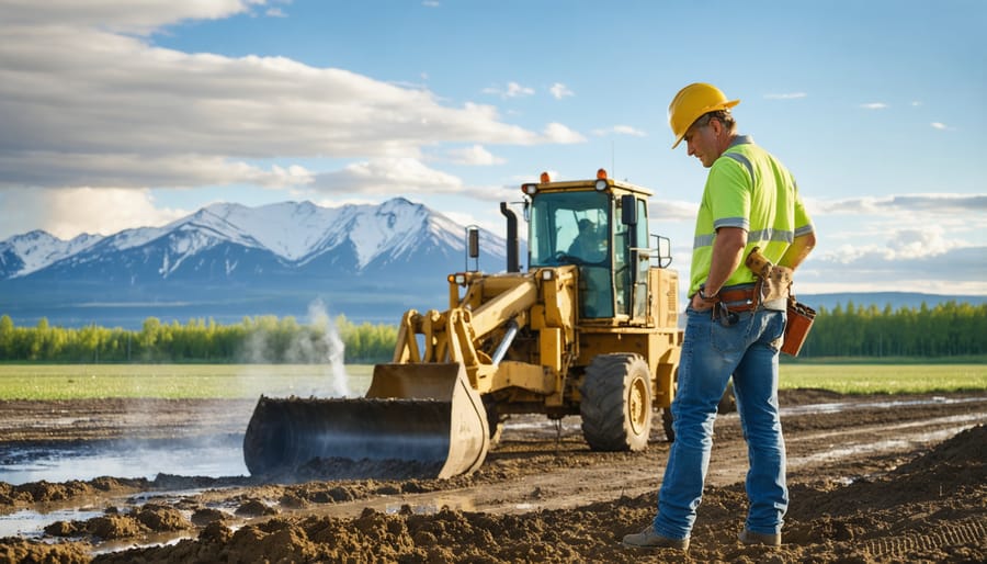 Farmer standing next to geothermal drilling equipment on a Canadian farm with greenhouse in background