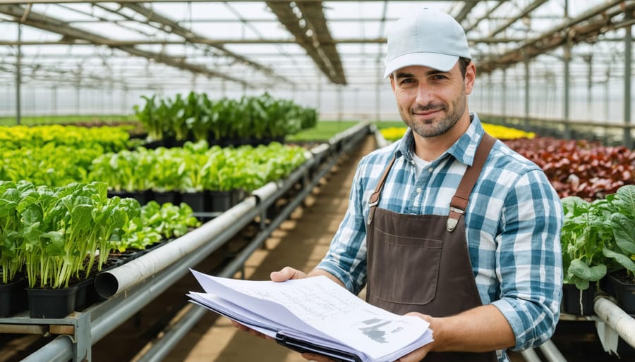 Canadian organic farmer demonstrating hybrid approach to farm management with books and technology