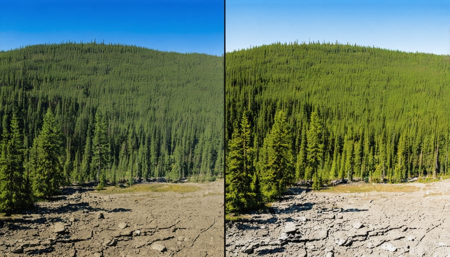 Side-by-side comparison of a healthy green forest and a drought-affected forest in Alberta