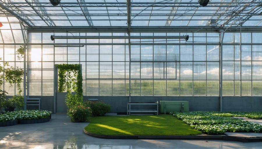 Large commercial greenhouse with vegetables growing in winter, heated by geothermal energy