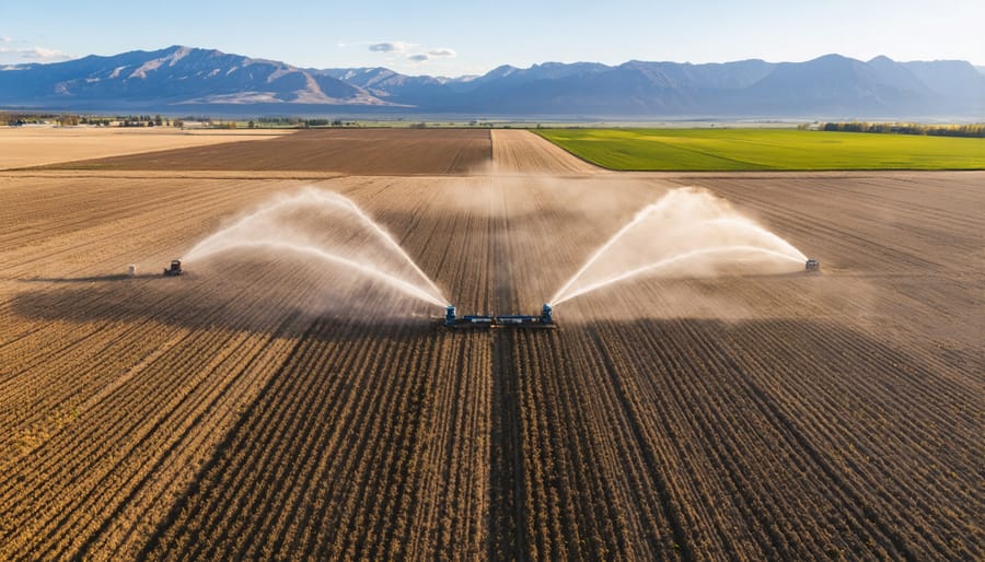 Drone photograph showing circular irrigation patterns on a large grain farm