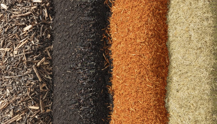 Display of different mulch types including straw, wood chips, and crop residue used in Alberta farming