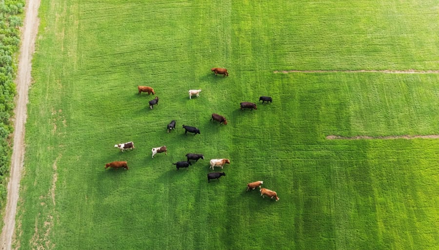 Aerial photograph of cattle grazing on diverse organic pastureland with visible paddock divisions