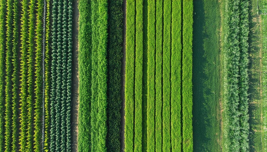 Bird's eye view of an organic farm in Alberta with various crop fields and natural borders