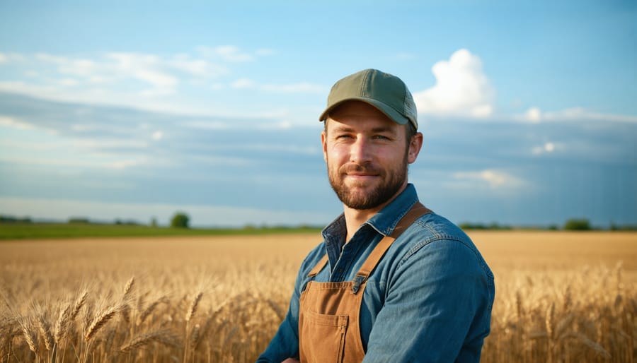 Smiling farmer in organic wheat field with modern farm equipment in background