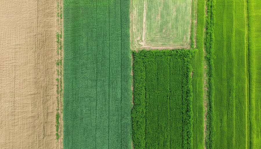 Aerial photograph of organic grain fields with visible crop rotation sections and natural borders