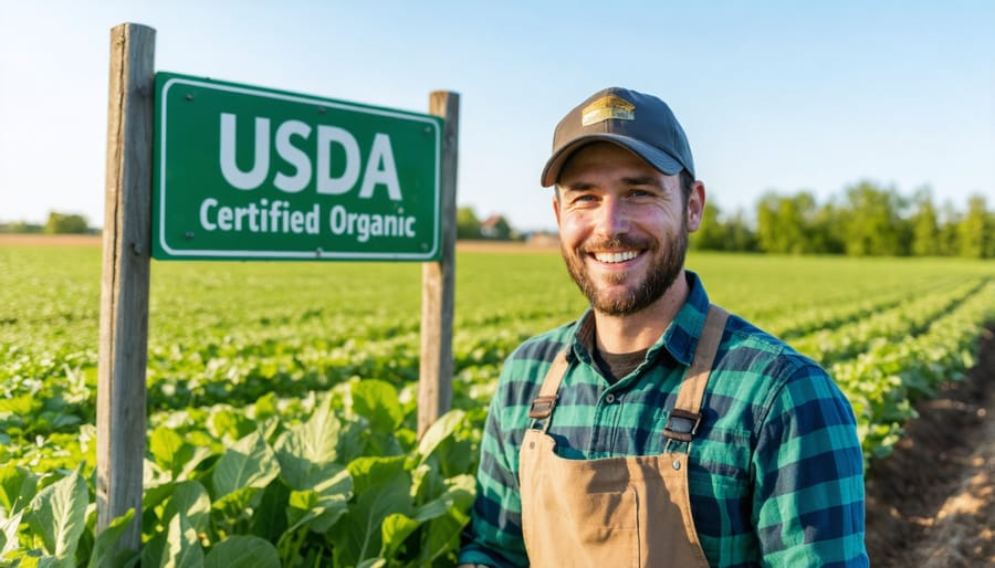 Successful Alberta organic farmer with USDA certification displaying their farm certification