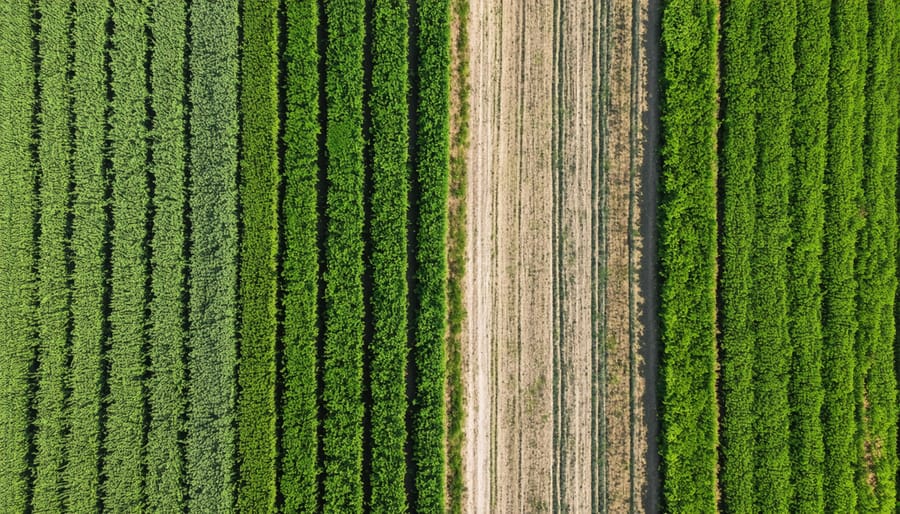 Split-screen aerial photograph comparing organic and conventional farming methods on an Alberta farm