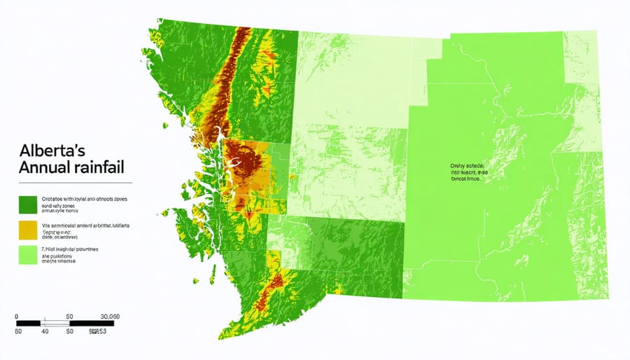 Map of Alberta showing annual precipitation levels and key farming regions