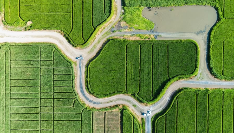 Bird's eye view of shared irrigation networks connecting several organic farms in Alberta