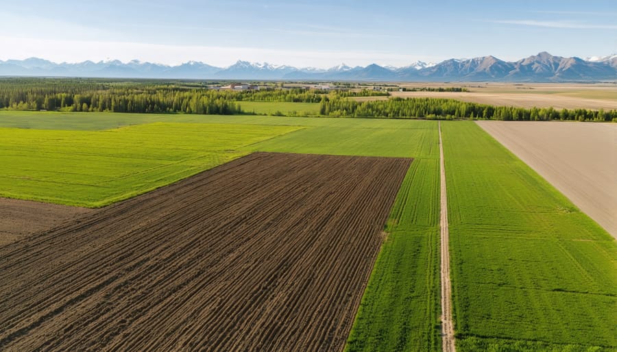 Bird's eye view of agricultural fields showing sustainable farming patterns and soil management techniques