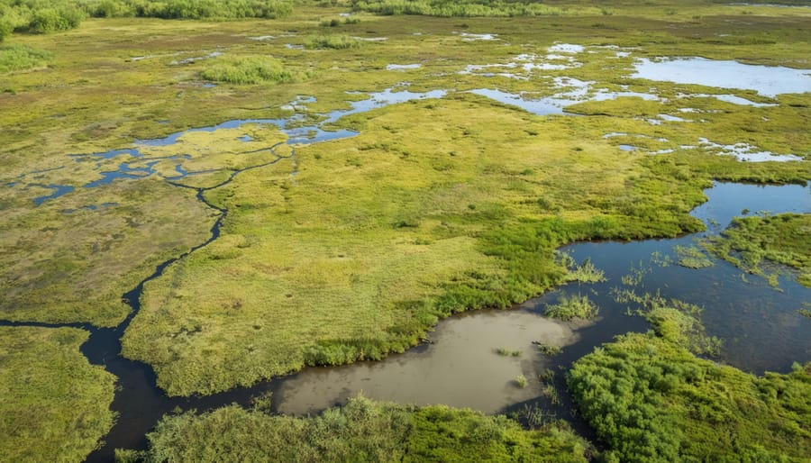 Bird's eye view of a wetland restoration site in Alberta showing water channels and native vegetation patterns