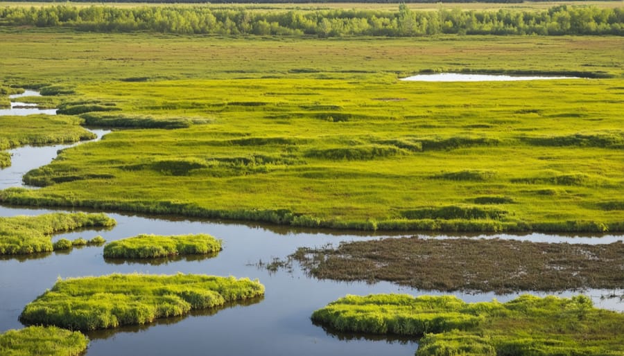 Bird's eye view of a restored wetland ecosystem in Alberta featuring water bodies, vegetation zones, and visible wildlife