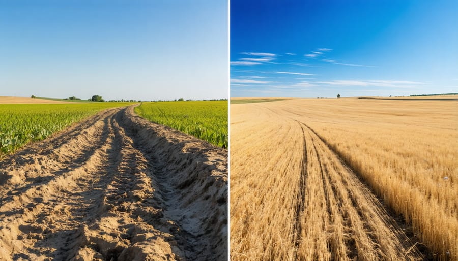 Comparative aerial view showing soil erosion damage versus protected farmland with windbreaks