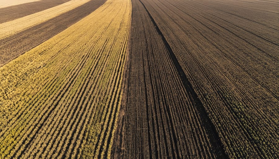 Winter cover crops providing soil protection on snow-dusted Alberta farmland