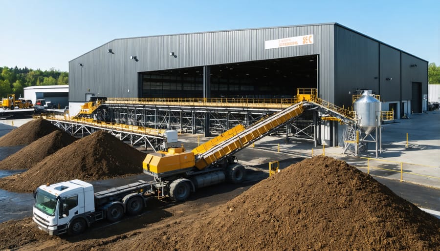 Large automated composting facility with rows of organic material being processed