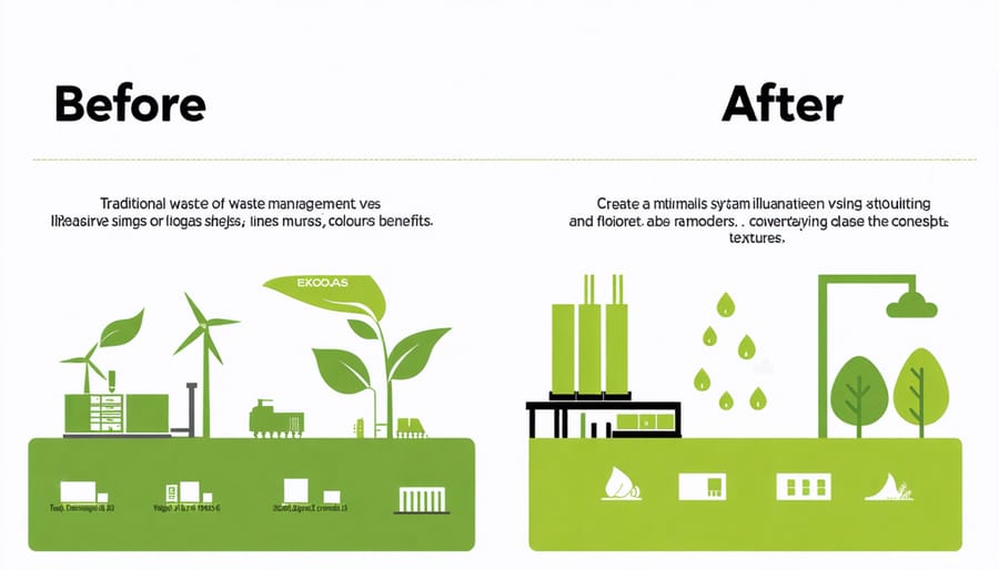 Split image comparing traditional farm waste management with modern biogas system benefits