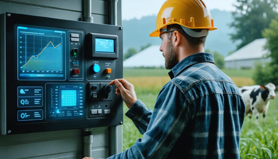 Agricultural worker checking biogas system monitoring equipment