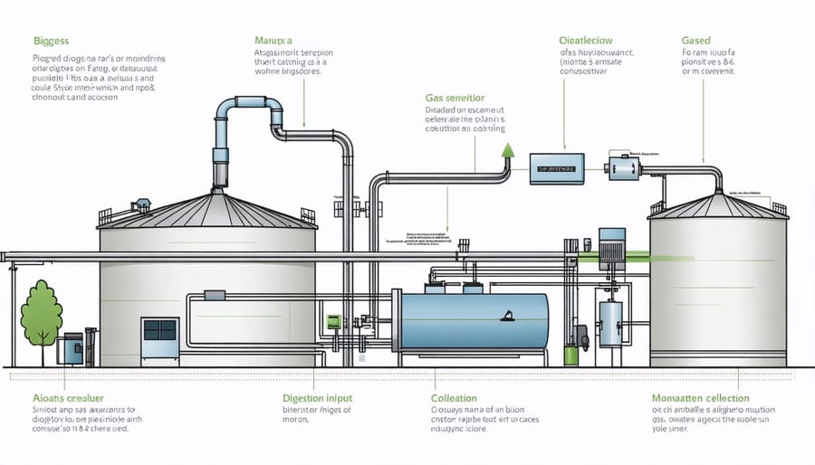 Technical illustration of biogas production system components and flow