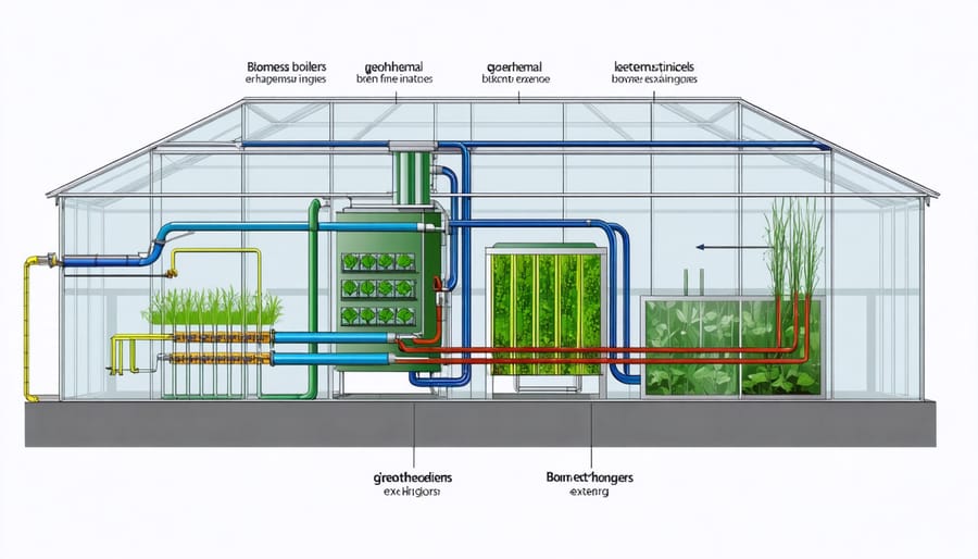 Schematic illustration of combined biomass and geothermal heating system components