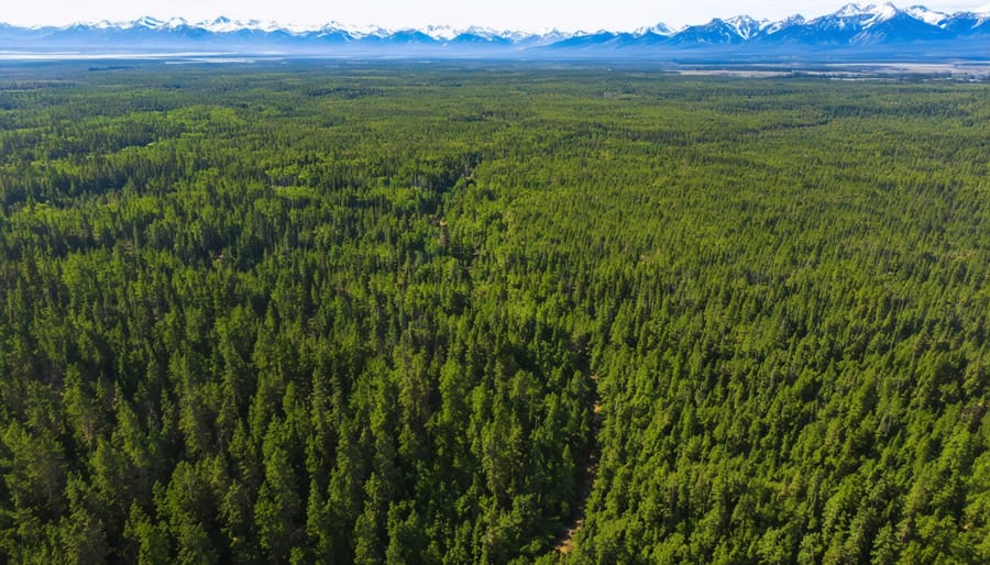 Aerial view of where boreal forest meets alpine landscape, showing clear vegetation changes