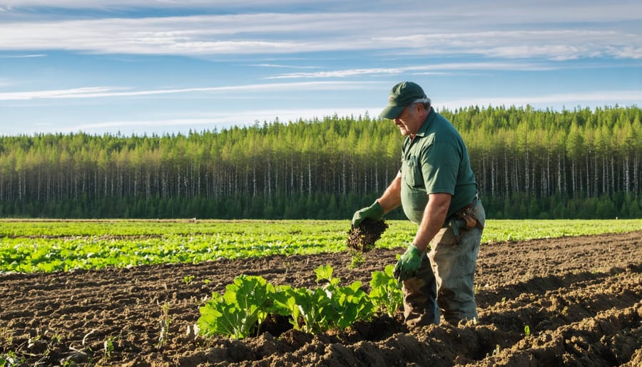 Farmer working on conservation practices where agricultural land meets boreal forest